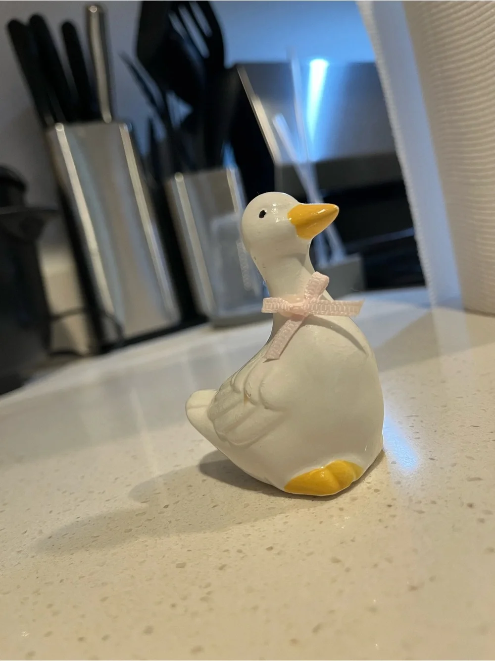 Vintage White Ceramic Duck Figurine Pink Ribbon Cottagecore Farmhouse Decor
